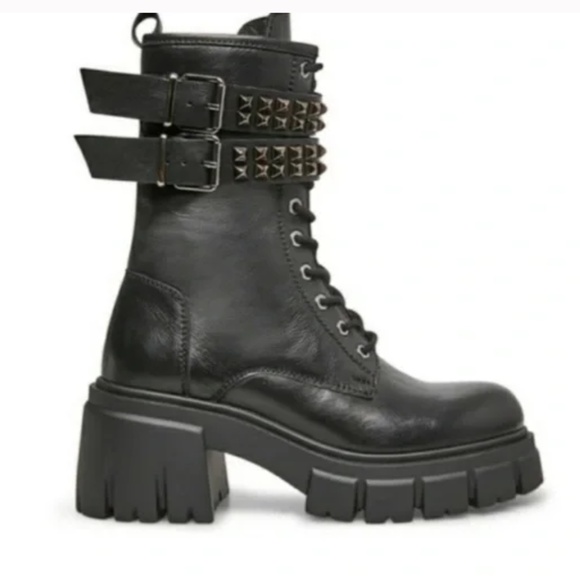 Steve Madden Black Studded Combat Boots size 9 zip lace up punk - Picture 1 of 16